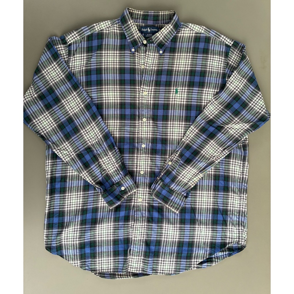 Polo Ralph Lauren Vintage Blake Shirt XL Blue Green Plaid Cotton Button Down